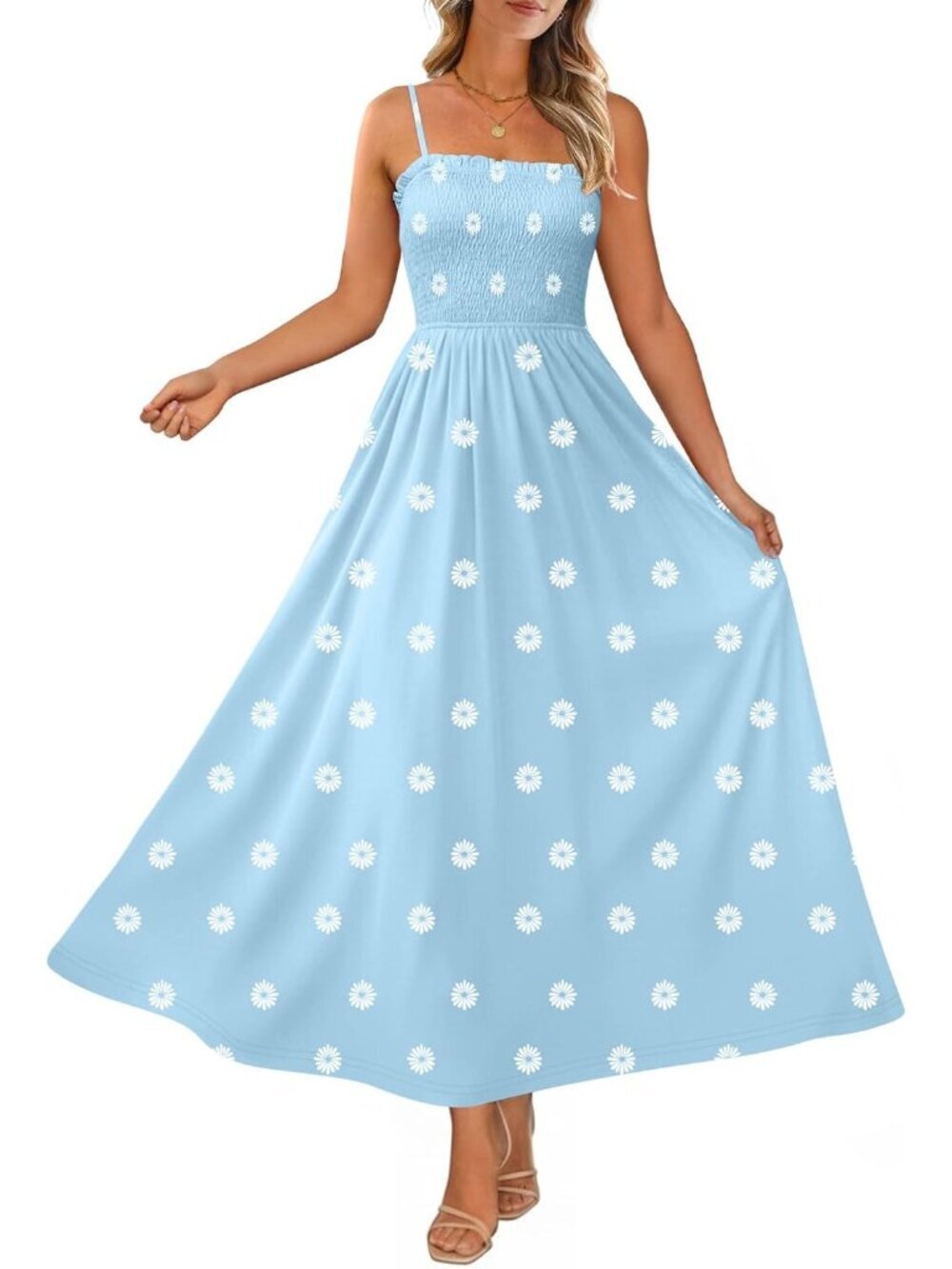 〽️Women's Blue Daisy Spaghetti Strap Smocked Casual Boho Beach Long Maxi Dresses